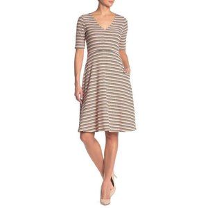 Socialite V-Neck Elbow Sleeve Midi Striped Dress Ivory Navy Pink Size X-Small